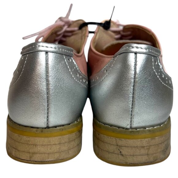 Wingtip Brogue Color Block Leather Oxfords 37 US 7 Pink Silver Saddle Shoes Retr - Picture 7 of 9